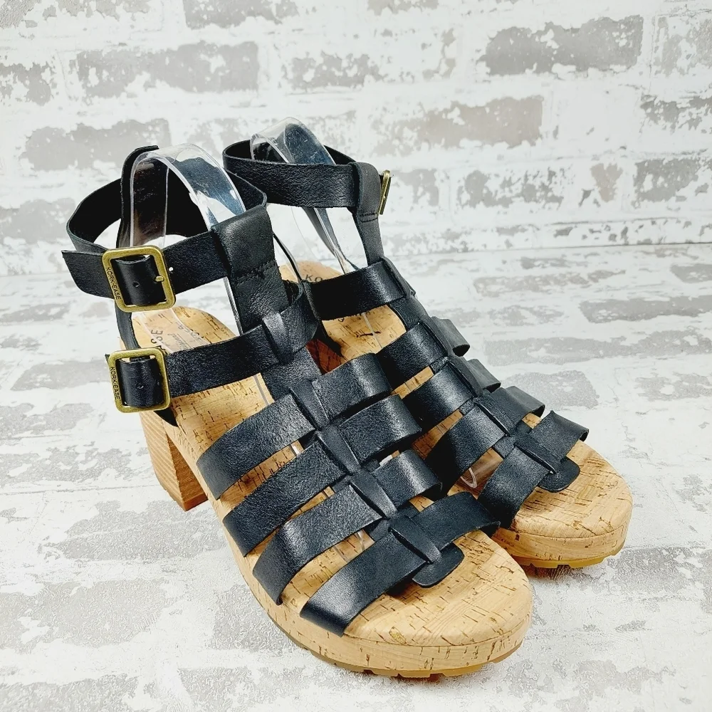 NEW Kork-Ease Camille Black Leather Block Heel Wedge Sandals E1014